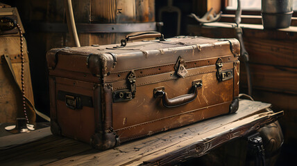An old Vintage leather travel suitcasein a rustic workshop with a cosy environment, adventure, old suitcase on a wooden background, vintage bag on a wooden background, old rusty suitcase