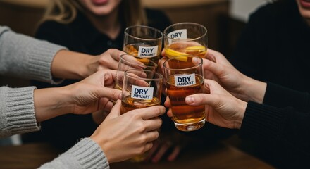 group toasting dry january with non-alcoholic drinks in a cozy indoor setting