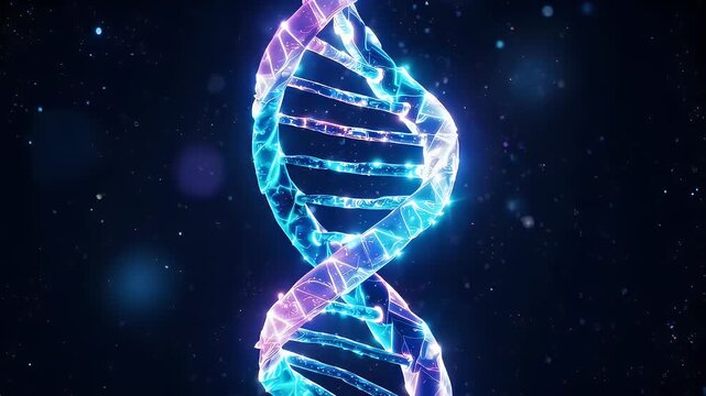 A glowing, translucent DNA double helix against a dark, speckled background