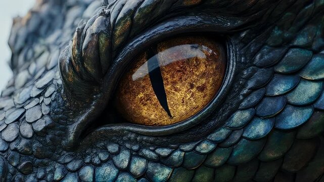 A close-up of a reptilian eye, golden iris, set in a scaly, dark blue-green hide