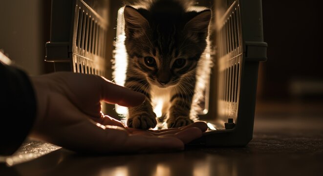 curious kitten emerging from pet carrier into warm sunlight reaching for human hand