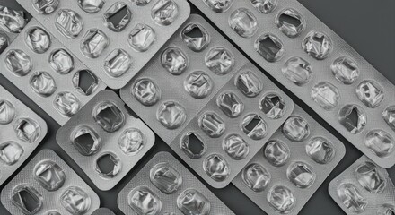 empty blister packs scattered on dark background symbolizing medication use and waste