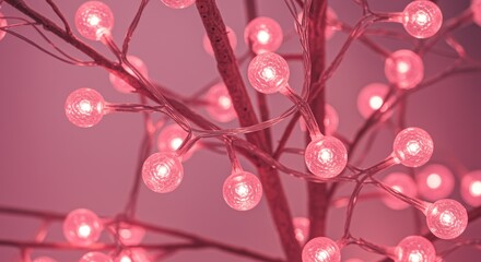 Obraz premium close-up of glowing pink fairy lights on a tree branch creating a warm festive ambiance
