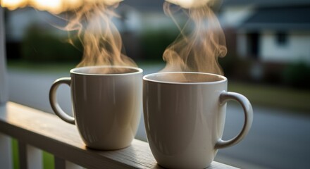 steaming coffee mugs on a porch railing capturing warm morning vibes with soft lighting