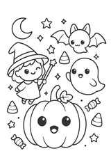 Cute cartoon smiling vector illustration icon set - Halloween doodle coloring