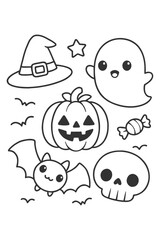 Halloween monsters and skulls cartoon vector icon set with funny smiling faces and cute characters for holiday design