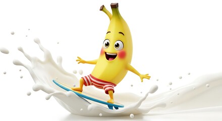 A cheerful banana surfing on a splash of milk, smiling with excitement, adorable cartoon character, white background