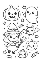 Cartoon vector illustration set of a funny baby boy character with a smile for a coloring Halloween for kids coloring book design