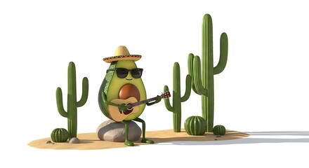 A chill avocado playing guitar under cactus plants, desert  on white background