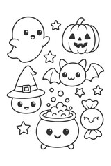 A fun vector cartoon illustration set of funny monster faces and cute baby characters - Halloween doodle coloring