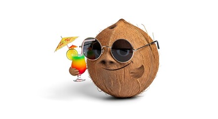 A coconut wearing sunglasses and holding a tropical drink, vacation vibes on white backgroun.