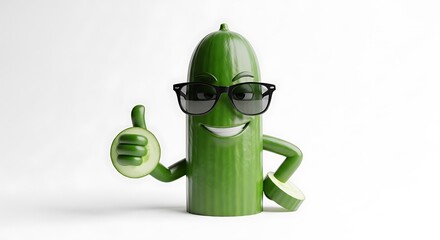 A cool cucumber with sunglasses giving thumbs up, minimalist  white background.