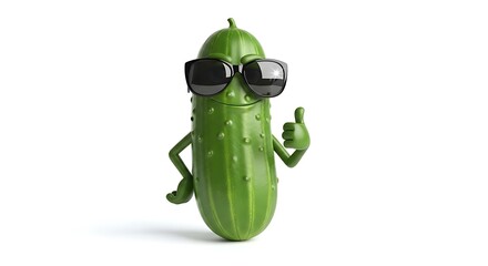 A cool cucumber with sunglasses giving thumbs up, minimalist  white background