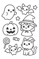 Cartoon funny vector icon set with cute faces and playful characters - Halloween doodle coloring