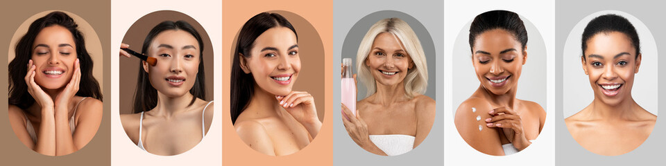 This collage showcases a variety of women engaged in skincare activities, each highlighting...