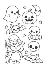 Funny cartoon characters set vector illustration for kids and children - Halloween doodle coloring