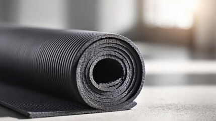 Close up of rolled black exercise yoga mat on floor with soft lighting