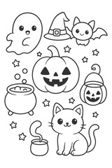 Cute Cartoon Icon Set - Halloween doodle coloring