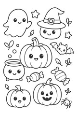 Cute Halloween Pumpkin and Ghost Cartoon Character Set
