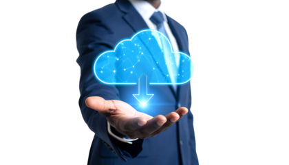 クラウドサービスを操作するビジネスシーンの象徴的イメージ｜背景なし・透過PNG・コピースペース