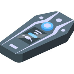 Futuristic Gray Device with Blue Accents and Digital Display Screen Featuring Abstract Graphics and Control Buttons on a Transparent Background