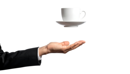 ビジネスシーンを象徴する浮遊コーヒーカップと手のジェスチャー｜背景なし・透過PNG・コピースペース