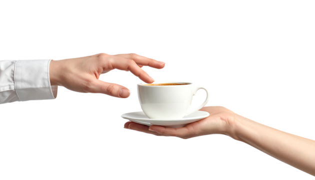 ビジネスシーンを象徴する浮遊コーヒーカップと手のジェスチャー｜背景なし・透過PNG・コピースペース