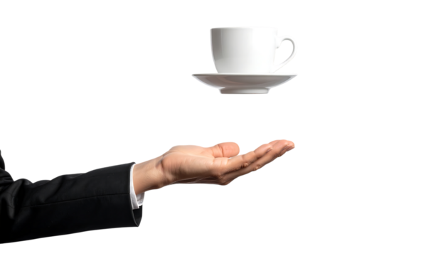 ビジネスシーンを象徴する浮遊コーヒーカップと手のジェスチャー|背景なし・透過PNG・コピースペース