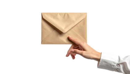 浮かぶ封筒に触れるビジネスウーマンの手が象徴するデジタルコミュニケーション｜背景なし・透過PNG・コピースペース