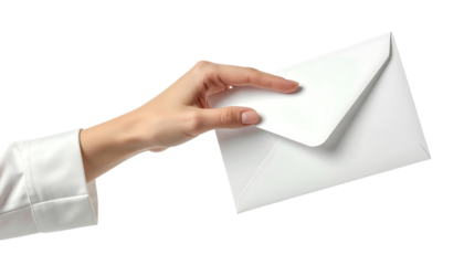 浮かぶ封筒に触れるビジネスウーマンの手が象徴するデジタルコミュニケーション|背景なし・透過PNG・コピースペース