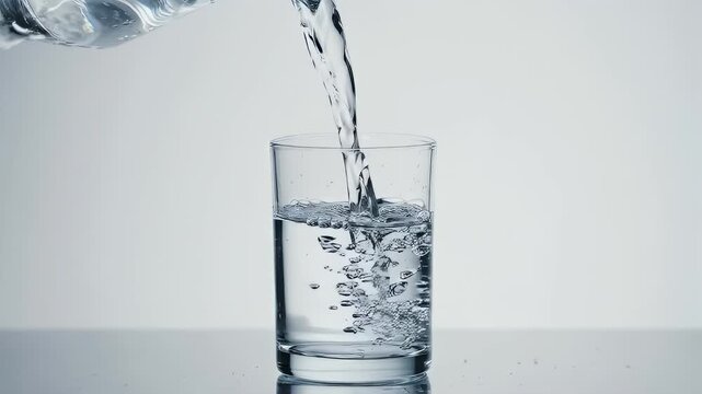 Crystal glass being filled with clear liquid, creating bubbles, against a stark white background