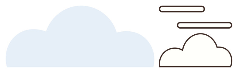 Two cloud forms, one colored solid and one in outline, with additional simple line elements. Ideal for technology, communication, storage, weather, minimalism, creativity and digital representation