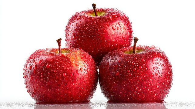 Fresh red apples with water droplets on white background