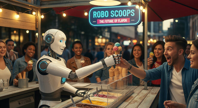 Robo Scoops The Future of Flavor - A Futuristic Ice Cream Shop with a Robot Server