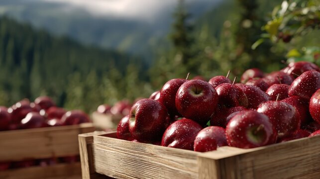 Fresh red apples in wooden crates surrounded by lush green trees