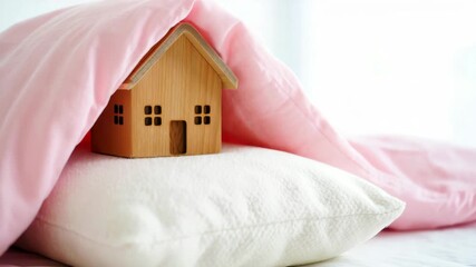 Wooden house model on soft pillow under pink blanket, cozy home concept, miniature architecture, interior design, home insurance, comfort and security, real estate investment, warm atmosphere