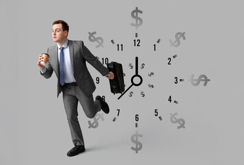 Handsome young man running with paper cup of fresh coffee and briefcase on grey background
