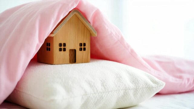 Wooden house model on soft pillow under pink blanket, cozy home concept, miniature architecture, interior design, home insurance, comfort and security, real estate investment, warm atmosphere