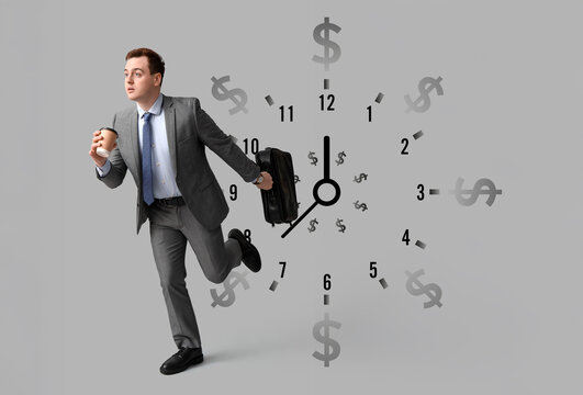 Handsome young man running with paper cup of fresh coffee and briefcase on grey background - Powered by Adobe