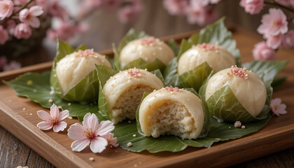 Delicious Asian Steamed Buns with Sakura Blossoms on a Wooden Platter A Culinary Delight