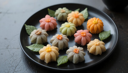 A delightful collection of colorful floral-shaped confectionery arranged on a dark plate