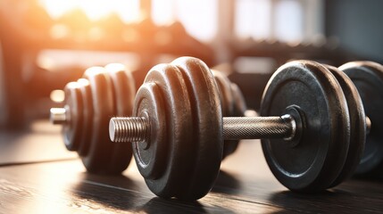 Close up view of dumbbells in a gym setting emphasizing fitness and strength training