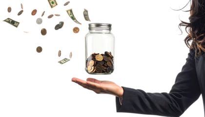 浮かぶ貯金瓶に触れるビジネス女性の手が象徴する資産管理コンセプト ｜背景なし・透過PNG・コピースペース