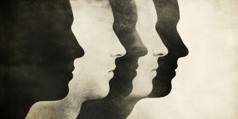 Abstract layered silhouettes of human profiles in dark and light tones illustrating psychological complexity dual identity and introspective reflection concept. Conceptual psychology art. 