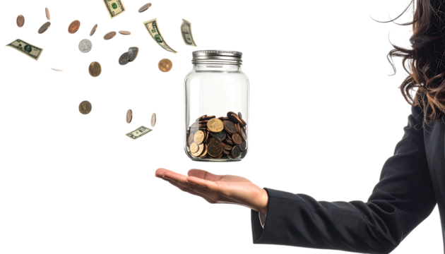 浮かぶ貯金瓶に触れるビジネス女性の手が象徴する資産管理コンセプト ｜背景なし・透過PNG・コピースペース