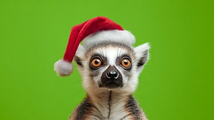 Naklejka premium Lemur wearing Santa hat on bright green screen chromakey background for Christmas theme