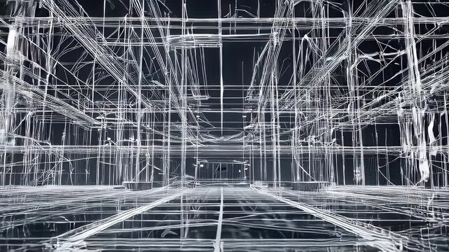 An architectural digital structure with a grid of white lines on a dark background