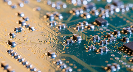 A detailed macro view of a green printed circuit board highlighting intricate golden traces and electronic components, symbolizing digital innovation