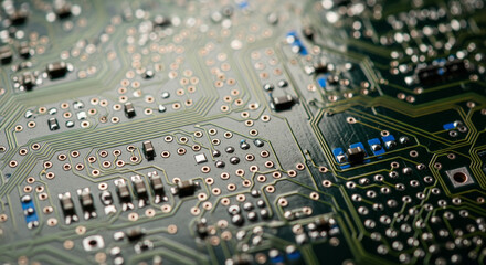Obraz premium Detailed macro photograph of an intricate electronic circuit board, showcasing the complex network of conductive pathways and microchip technology