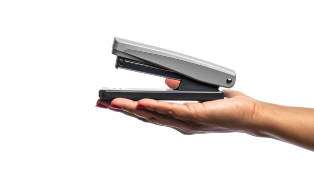 ビジネスウーマンがホッチキスに触れる｜背景なし・透過PNG・コピースペース